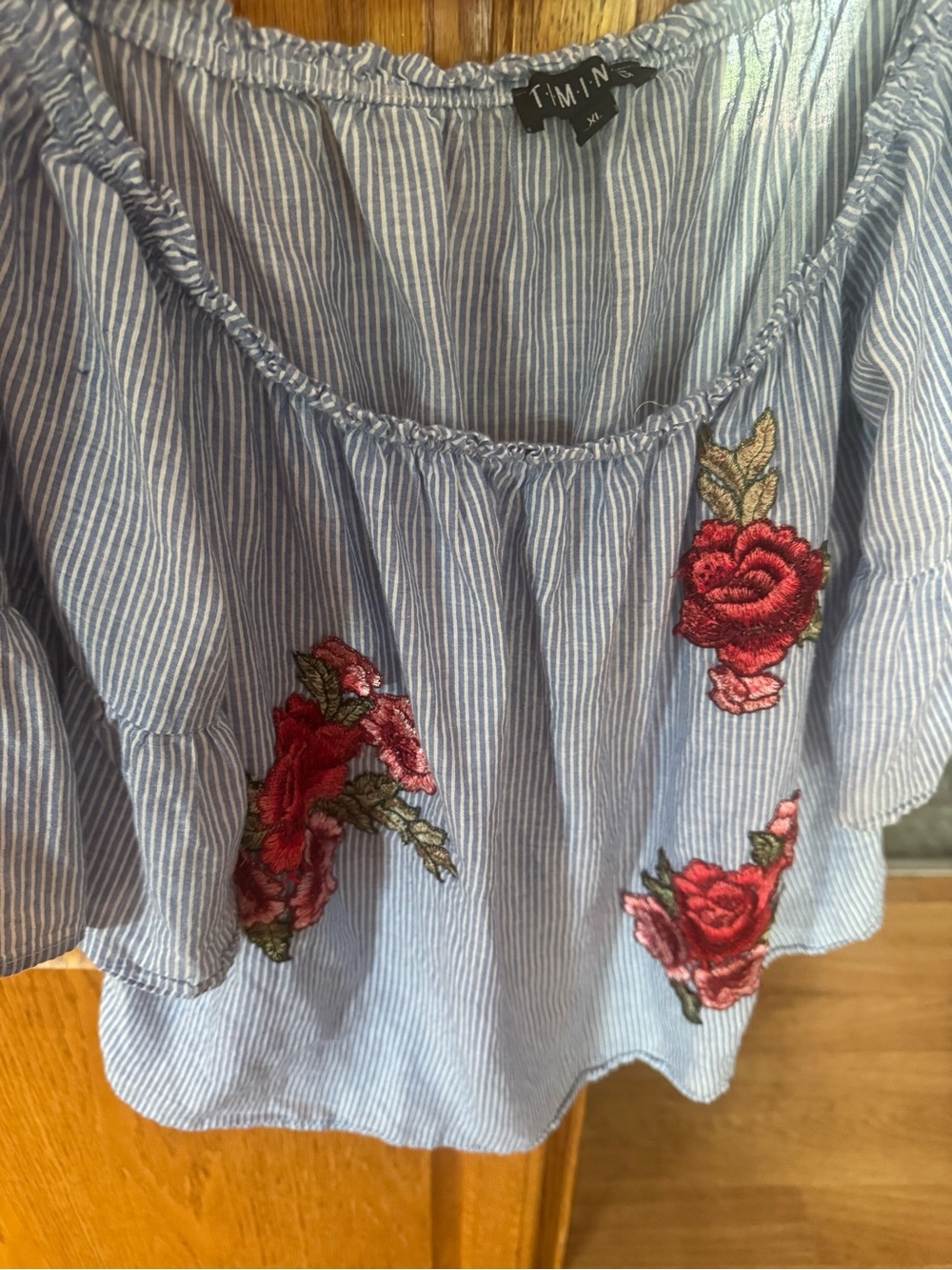 Timing Blue-and-White Striped Off-Shoulder Crop Top with Red Rose Embroidery